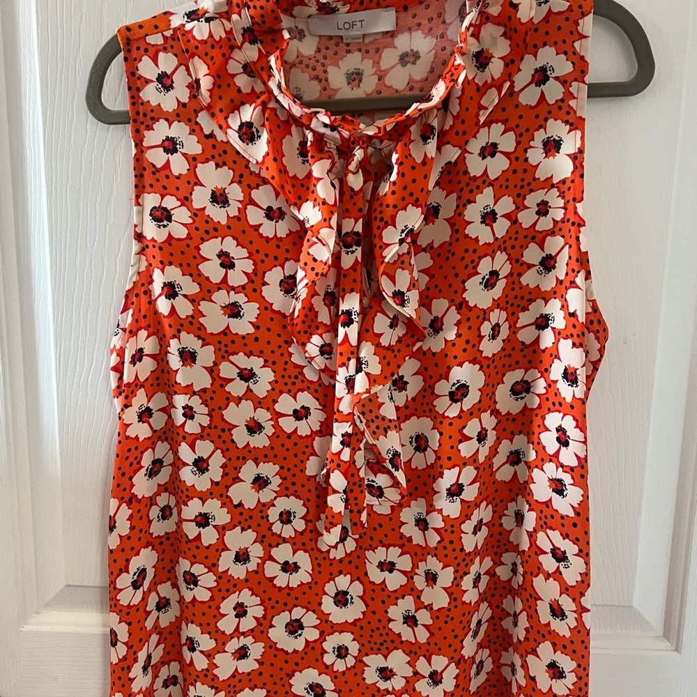LOFT Ruffled Floral Blouse - Vibrant Orange and White